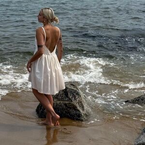 Low Back Solid Creamy Cotton Pleated Babydoll Mini Dress